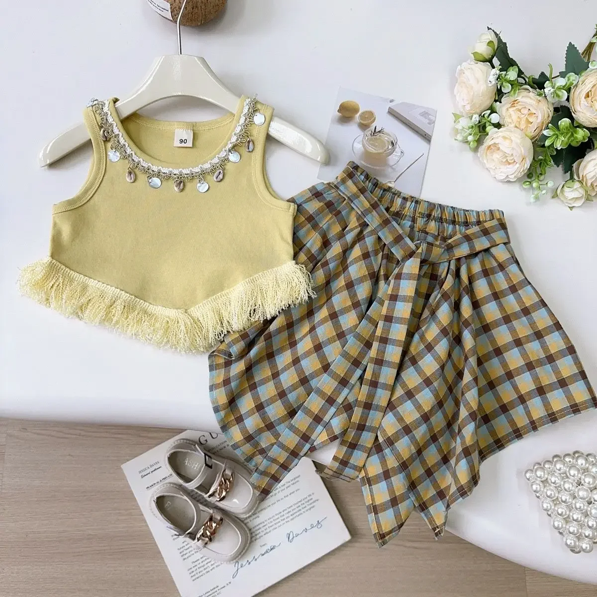 2 3 4 5 6 8 Years Girls Clothing Set Summer Solid Color Tassels Sleeveless T-shirt+Grid Print Skirt 2Pcs For Girls Fashion Suit