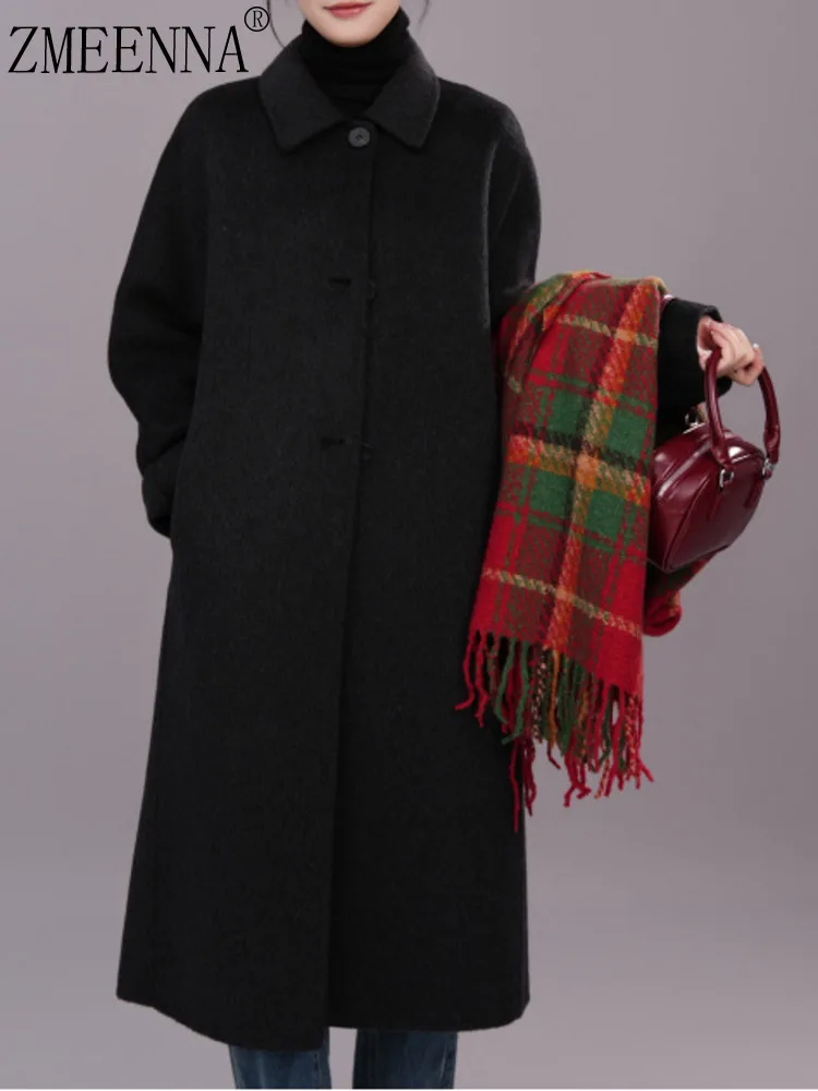 

ZMEENNA Elegant Women's Long Wool Blend Overcoat With Classic Collar Single Breasted Design And Pockets Warm ZM3561