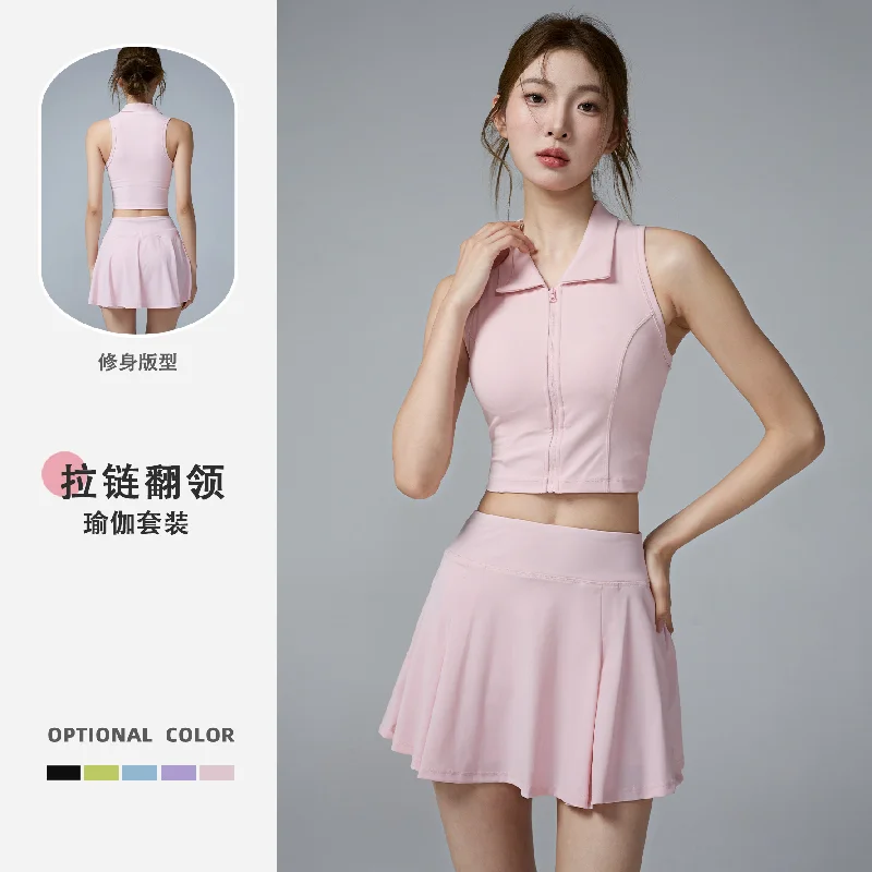 Summer Badminton 2-Piece Outfit, Front Zipper Sleeveless Sports Tank Top & Slim Skort, Fitness Yoga Workout Suit