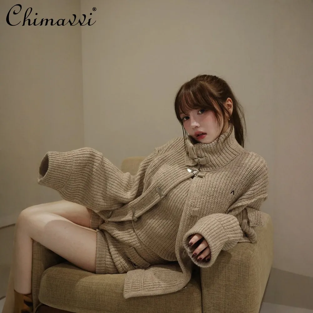 

Japanese Fashion Knitted Set Autumn New Women's Camisole Top Knitted Shorts High Neck Knitted Jacket Elegant Three-Piece Set