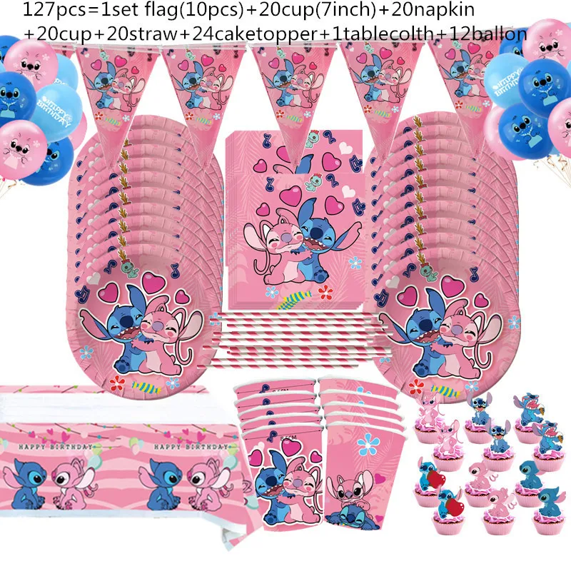 

Lilo and Stitch Birthday Decoration Set Disney Pink Party Supplies Tableware Balloon Set Tablecloth Baby Shower Kids Toy Gifts