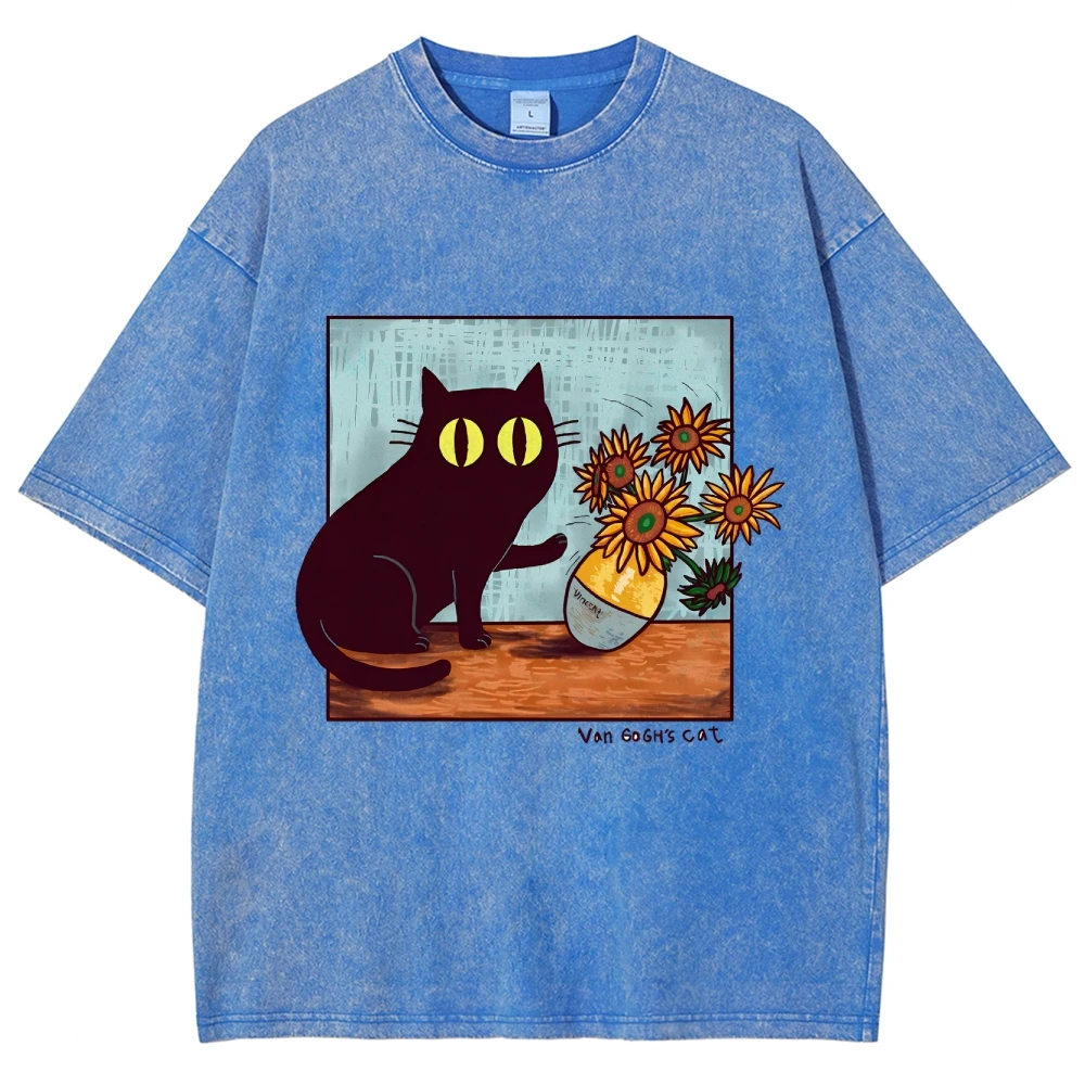 Cartoon Kitten Chrysanthemum Vase Print T-Shirt Round Neck Washed Shoulder Designer 2025 New Trendy Fashion Short Sleeves image 5