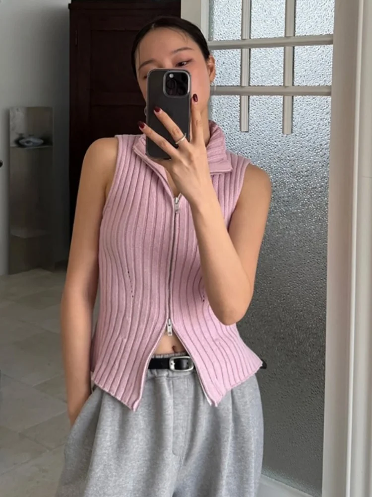 

Exclusive Design Zipper Stand Collar Pleated Sweater Vest Small ence Pattern Commute Sle Regular Length Pure Color