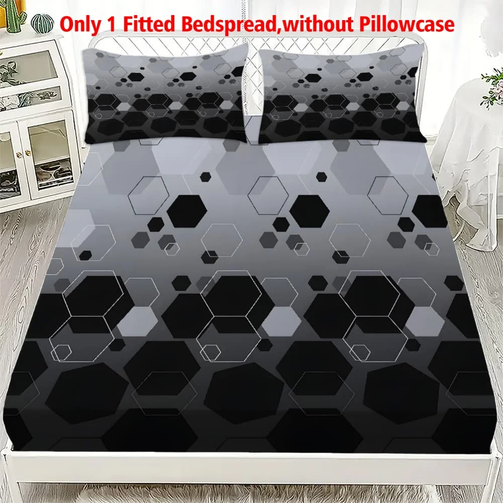 1pc Black & Gray Hexagon Geometric Print Fitted Sheet Deep Pocket Elastic Mattress Cover Single Double Queen King Bedroom Decor