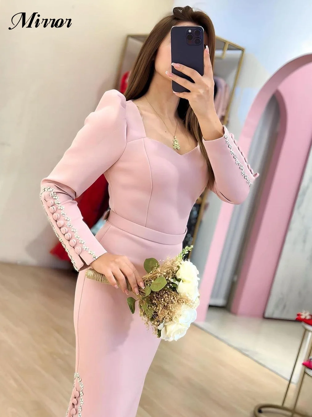 Vestido de fiesta de noche con cuentas de cristal, elegante vestido de espejo Vintage, Rosa dulce, botón personalizado, ocasión Formal, graduación