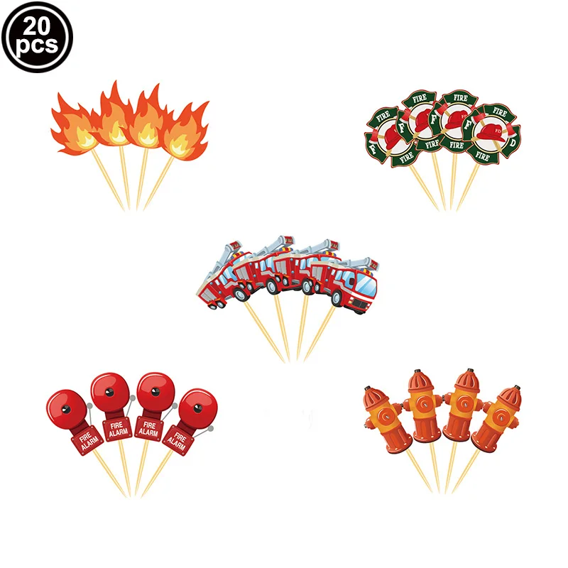 Fireman Cake Topper Cupcake Toppers Fire Hydrant Truck Firefighter Helmet Theme for Kids Boy Girl Happy Birthday Cake Decoration