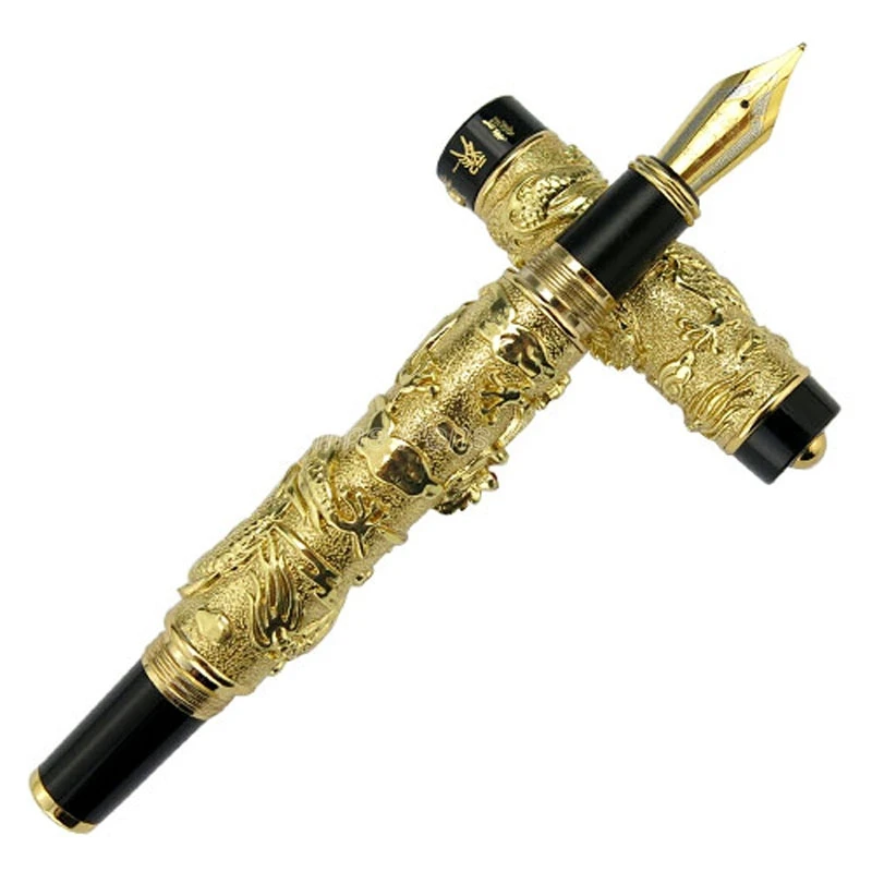 jinhao-豪華なダブルドラゴン-プレイイング-パール、金属彫刻エンボス加工ヘビーペン-ゴールド-ライティング万年筆-ギフトボックス付き