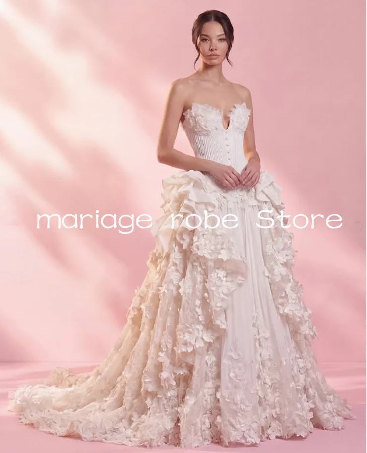 

Princess 3D Floral Beach Wedding Dresses Sweetheart Corset Buttons Back Ruched Garden Holiday Bridal Mariage robe customized