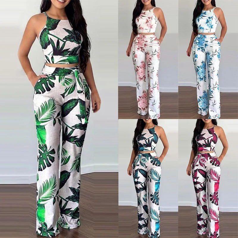 Summer Two Piece Set Women Fashion Short Print Sleeveless Vest High-waisted Wide-leg Pants Suit Two Piece Set Women Casual Suit