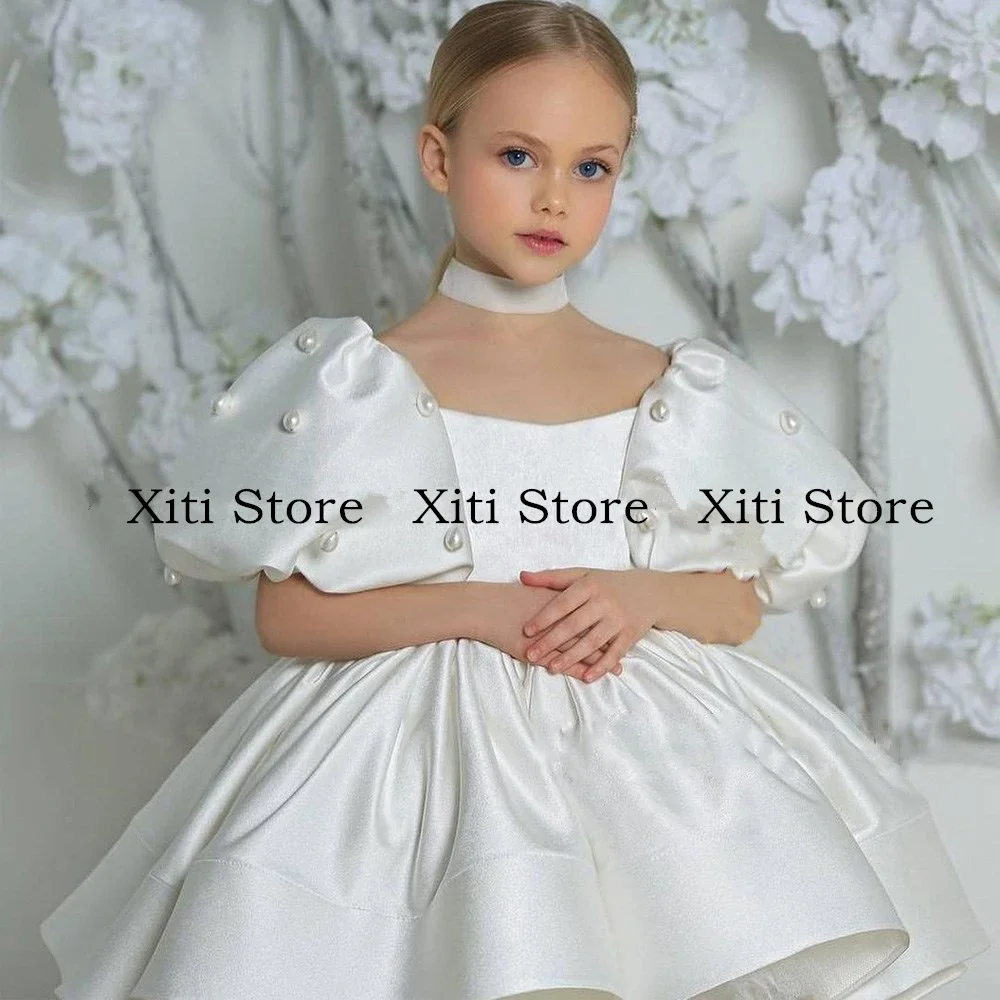 Sparkling Pearls Flower Girl Dress Boat Neck Puffy Sleeves Knee Length Puff Girls Party Dresses for Wedding Kids Pageant Gown