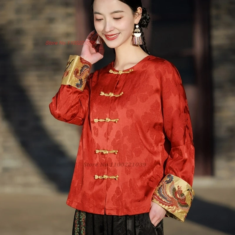 

2025 traditional chinese vintage coat national flower embroidery ethnic coat retro hanfu tops satin jacquard o-neck folk jacket