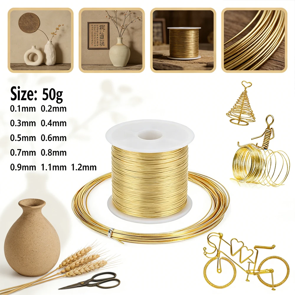 

1pc 50g Soft Brass Craft Wire, 0.1-1.2mm Multi-Diameter for Jewelry Making, Beading & DIY Metalwork, Coppers Alloy