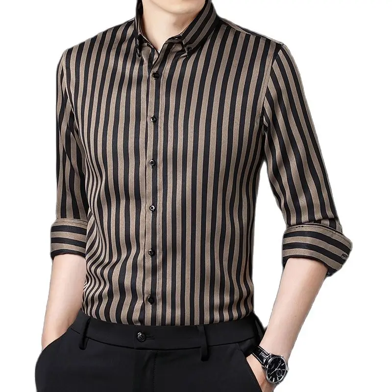 Black Striped Long Sleeve Shirt, Men\'s Single Breasted Shirts, with Square Collar Yellow Brown Camisas Para Hombre M-5XL