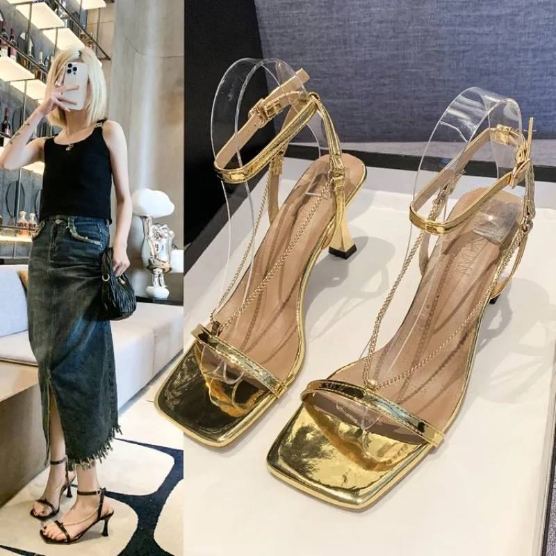 Gold Chain Sexy High-heeled Sandals for Women, 2026 Summer New Style Open Toe Button Sandals Shoes Women