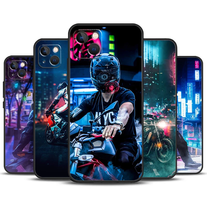 Neon Motorcycle Biker Phone Case For iPhone 11 12 13 14 16 15 Pro Max Mini 7 8 Plus X XR XS Max Bumper Cases Cover