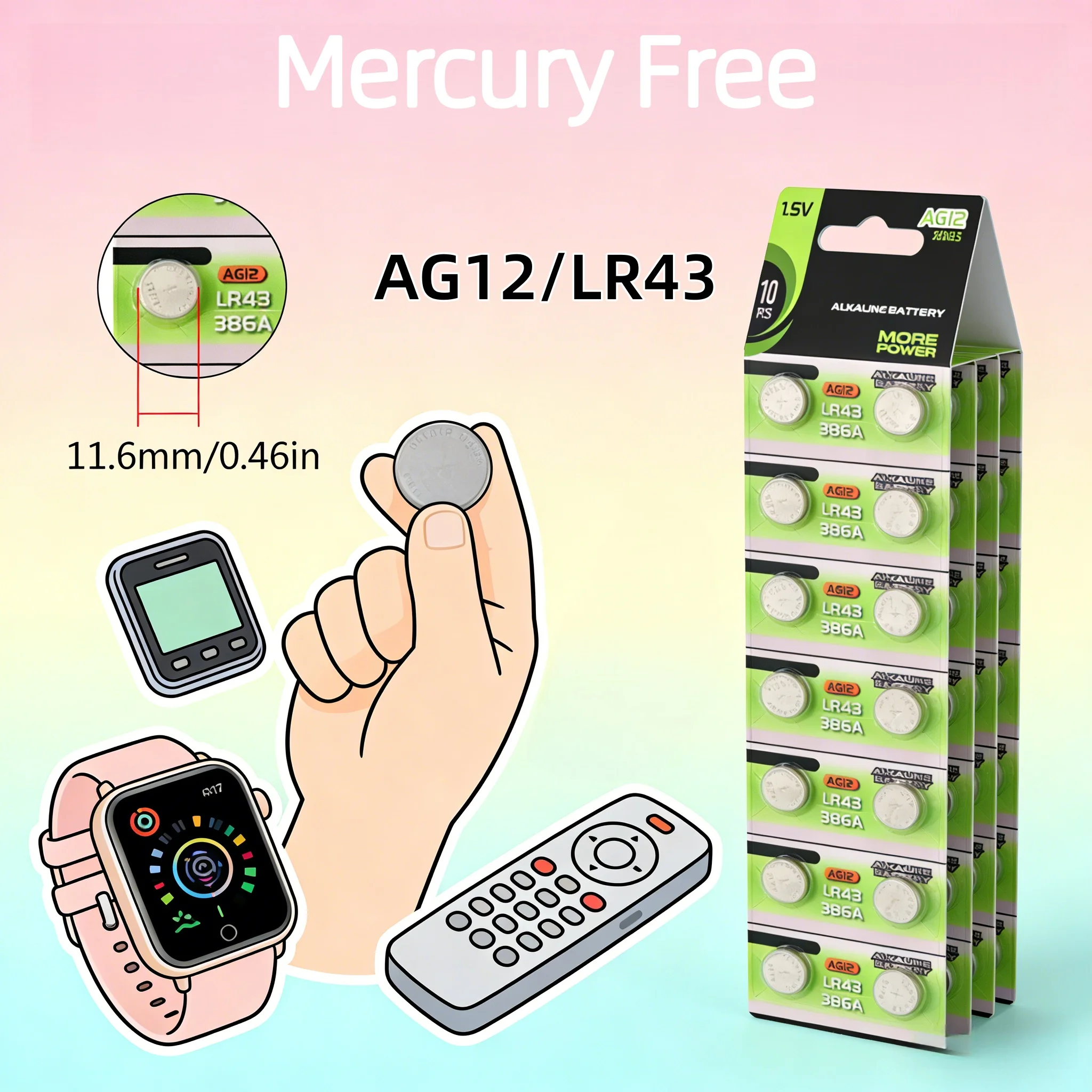 

Литиевая кнопочная батарейка 1.55V LR43 AG12 SR43 386 LR1142 V12GA AG 12 SR43W SR1142 100 мАч для часов, игрушек, пультов ДУ