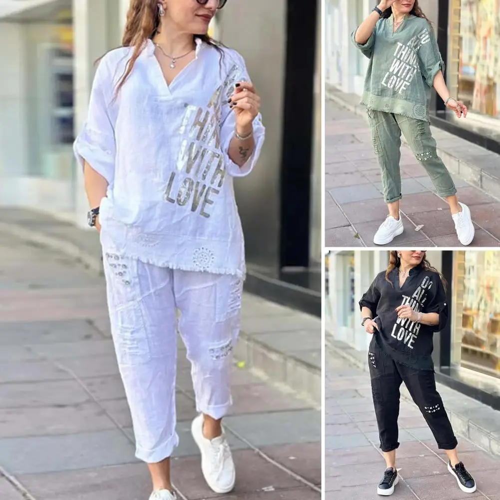 

Casual Two-piece Suit Stylish Women's V Neck Printed Top Wide Leg Trousers Set Casual Commute Outfit with Long for Everyday