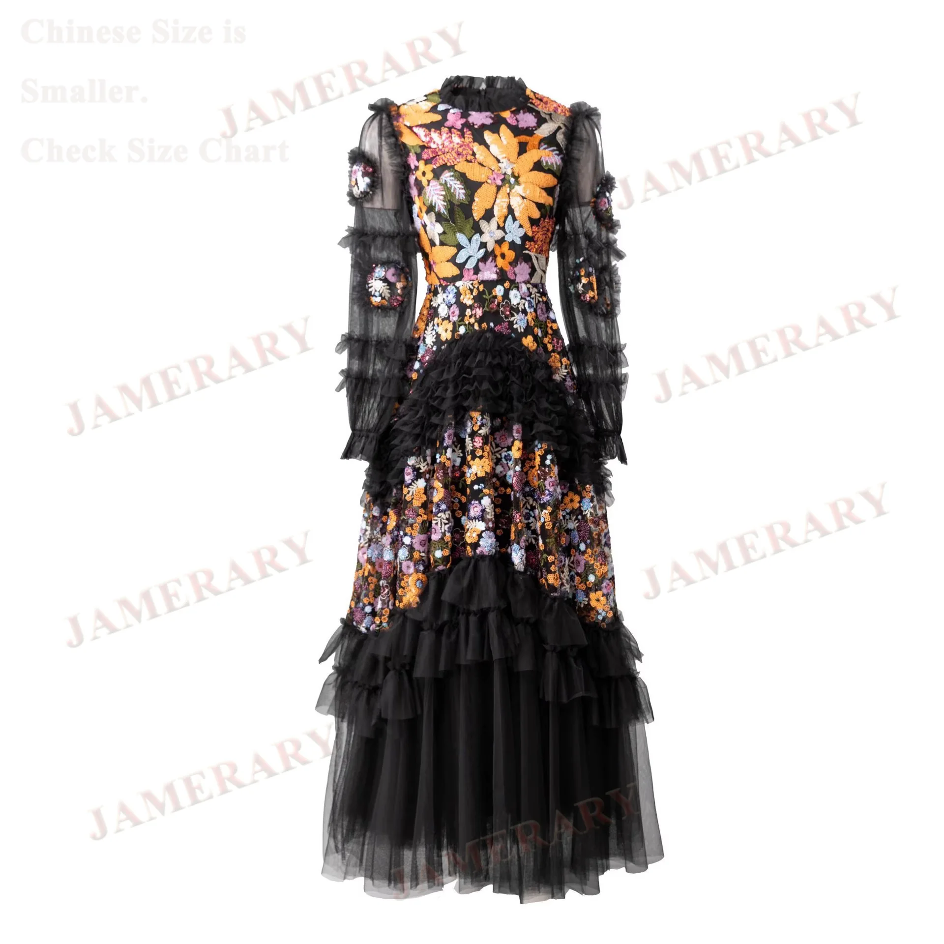 فساتين صيفية فاخرة رسمية للسهرات ترتر للنساء مطرزة بكشكشة وأكمام طويلة فستان ماكسي أسود للحفلات الراقصة والزفاف من التول