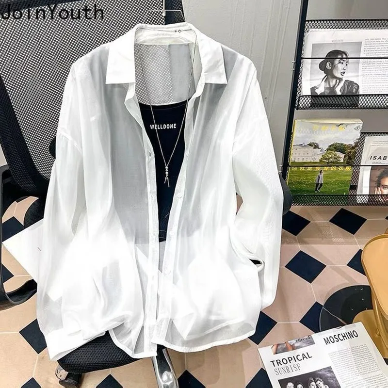 Summer Long Sleeve Blouses for Women Fashion Chiffon Temperament Lady Tops 2024 Blusas Mujer De Moda See Through Chiffon Shirts