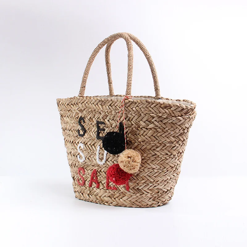 Imagem -03 - Wicker Woven Grande Women Bolsas Casual Letters Tassel Rattan Basket Bolsa Summer Beach Straw Bucket Bolsa Grande Tote Bali Bolsas