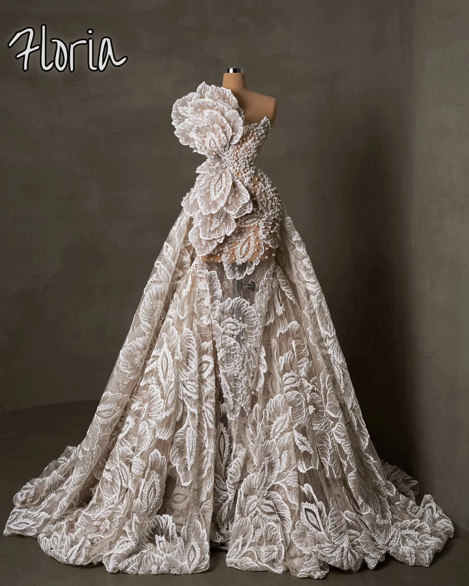 

2024 New Luxury Dubai Mermaid Floral Formal Evening Dresses With Big Train Off The Shoulder Full Pearls Robes De Soirée