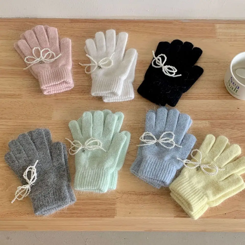 

Fashion Touch Screen Pearl Bow Knitted Gloves Candy Colored Bowknot Winter Velvet Gloves Warm Windproof Women Mittens Student