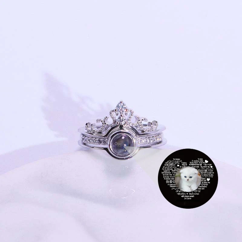 

925 Silver I Love You In Different Languages Projection Ring Open Adjustable Size 2 In 1 Crown Custom Photos Rings For Women