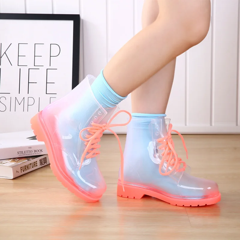 Women Rain Shoes Platform Rain Boots Jelly Color Ankle Boots Ladies New Waterproof Work Footwear 2023 Transparent Slip on Shoes