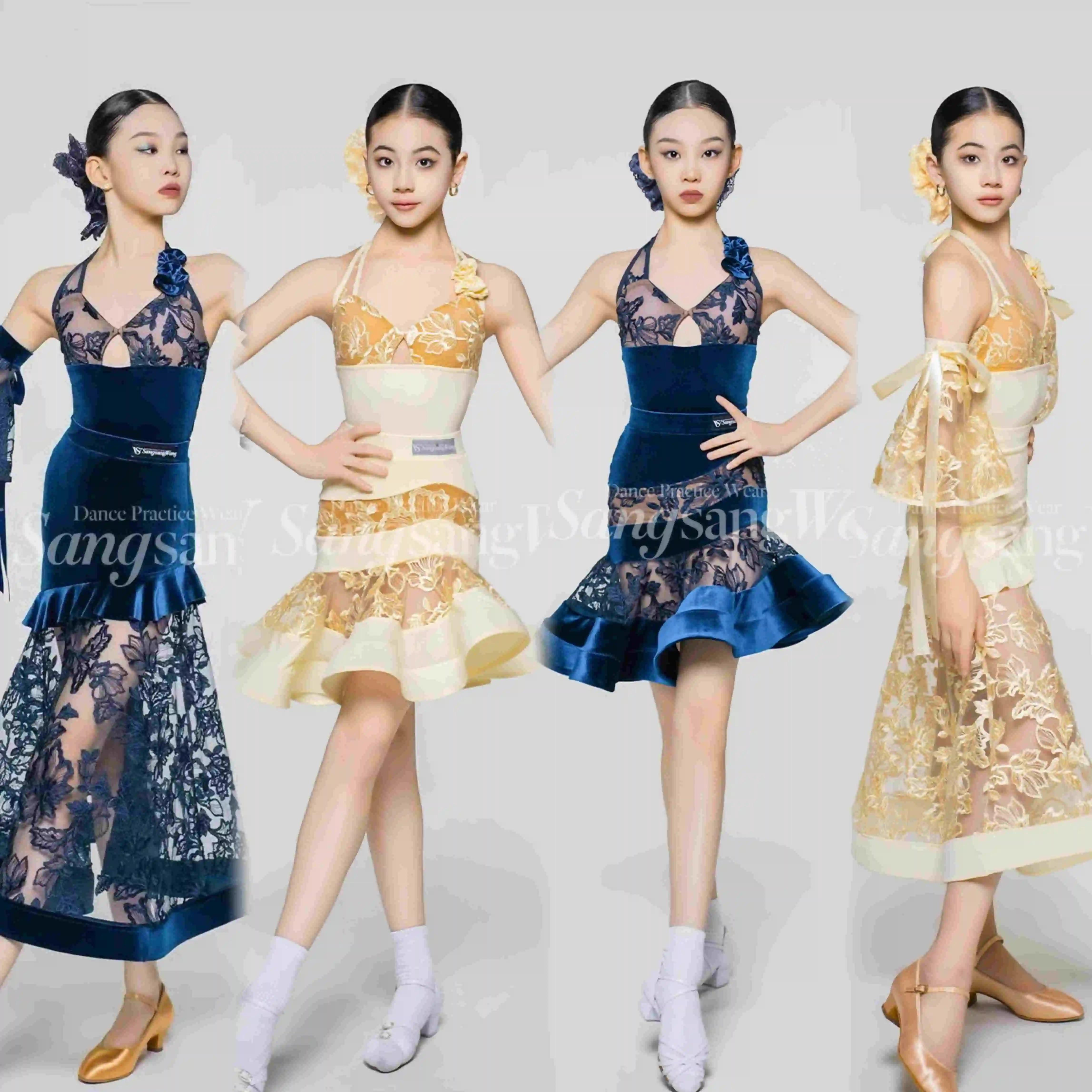 Meisjes Latin Danskostuum Ballroom Dansvoorstelling Kleding Kanten Tops Visgraat Rok Oefenkleding Competitie Jurk DNV23986