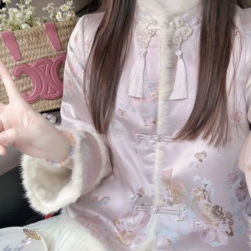 

2026 New Spring Autumn Women Vintage Floral Tang Suit Jacket Female Winter Fleece Coat Cotton Clothes Embroider Cheongsam Jacket