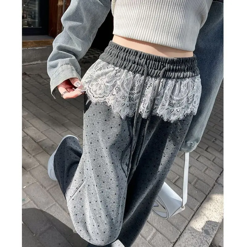 

Серые широкие брюки в горошек для женщин, весна-лето, новинка, с эластичным поясом, высокой талией, кружевными вставками, свободные, повседневные, универсальные, в пол.