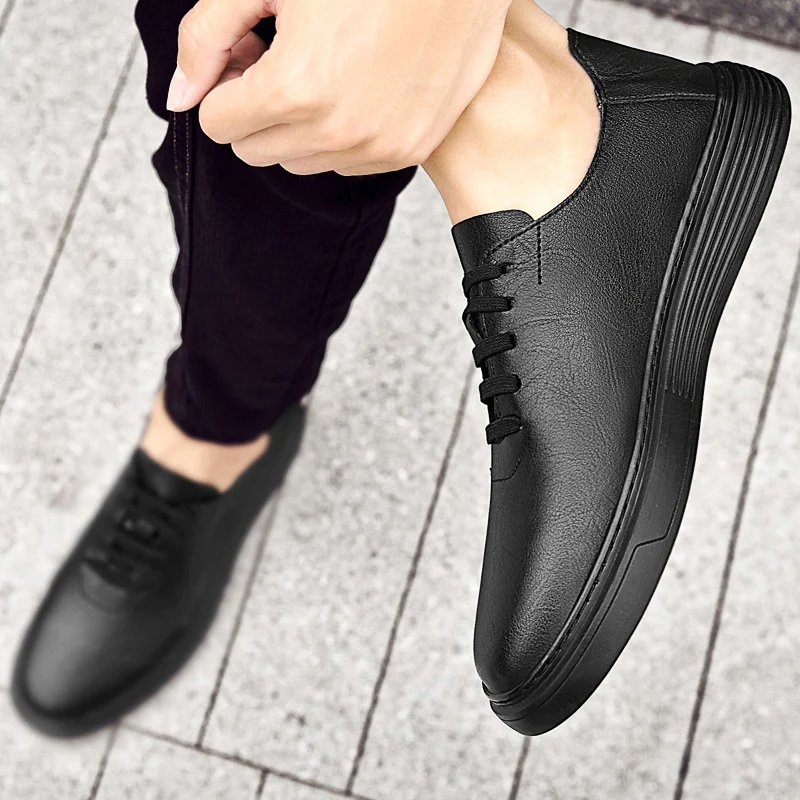 2024 Fashion Leather Shoes for Men Solid Color Casual Shoes Lace Up Driving Shoes Flats Loafers Male Cowhide Leisure Shoes 37-45