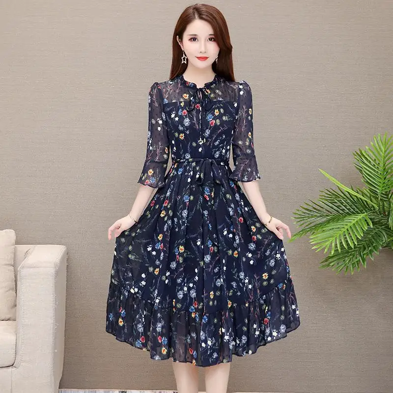 Ladies Summer Fashion Simplicity Office Lady Printing Net Yarn Floral Chiffon Loose O-neck 3/4 Sleeve Women Clothes Midi Dress