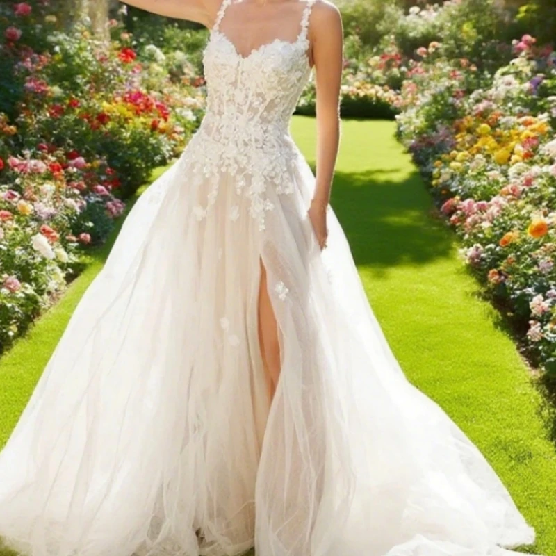 

CustomMade Spaghetti Straps Sweetheart Lace Applique A Line Wedding Dresses Vestido Customized Bride Wedding Dresses