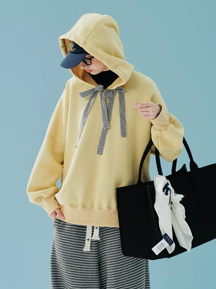 imakokoni soft yellow air layer hoodie 2024 autumn and winter hat cover versatile thick hoodie 244872