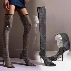 Black Hollow Mesh Bling Pointed Toe Boots Over The Knee Slip On Women Shoes Thin High Heels Novel Sexy 2023 Zapatos Para Mujere