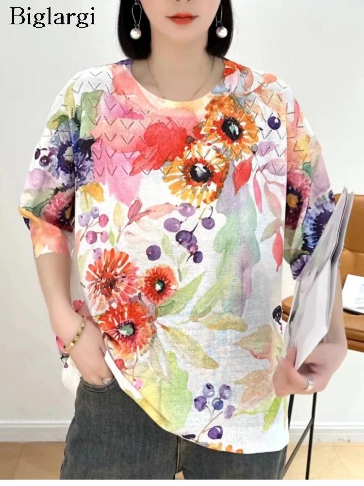 Oversized Summer Knitted T-Shirts Tops Women Loose Fashion Flower Floral Print Ladies Blouses Casual Short Sleeve Woman Tops