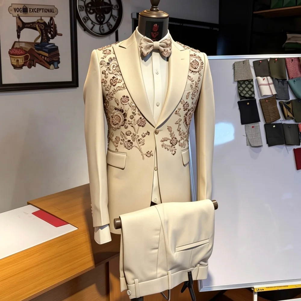 

Luxury Crystals Beading Suits Men Slim Fit Glittering Satin Prom Blazers Customized Groom Banquet Wedding Tuxedos costume homme