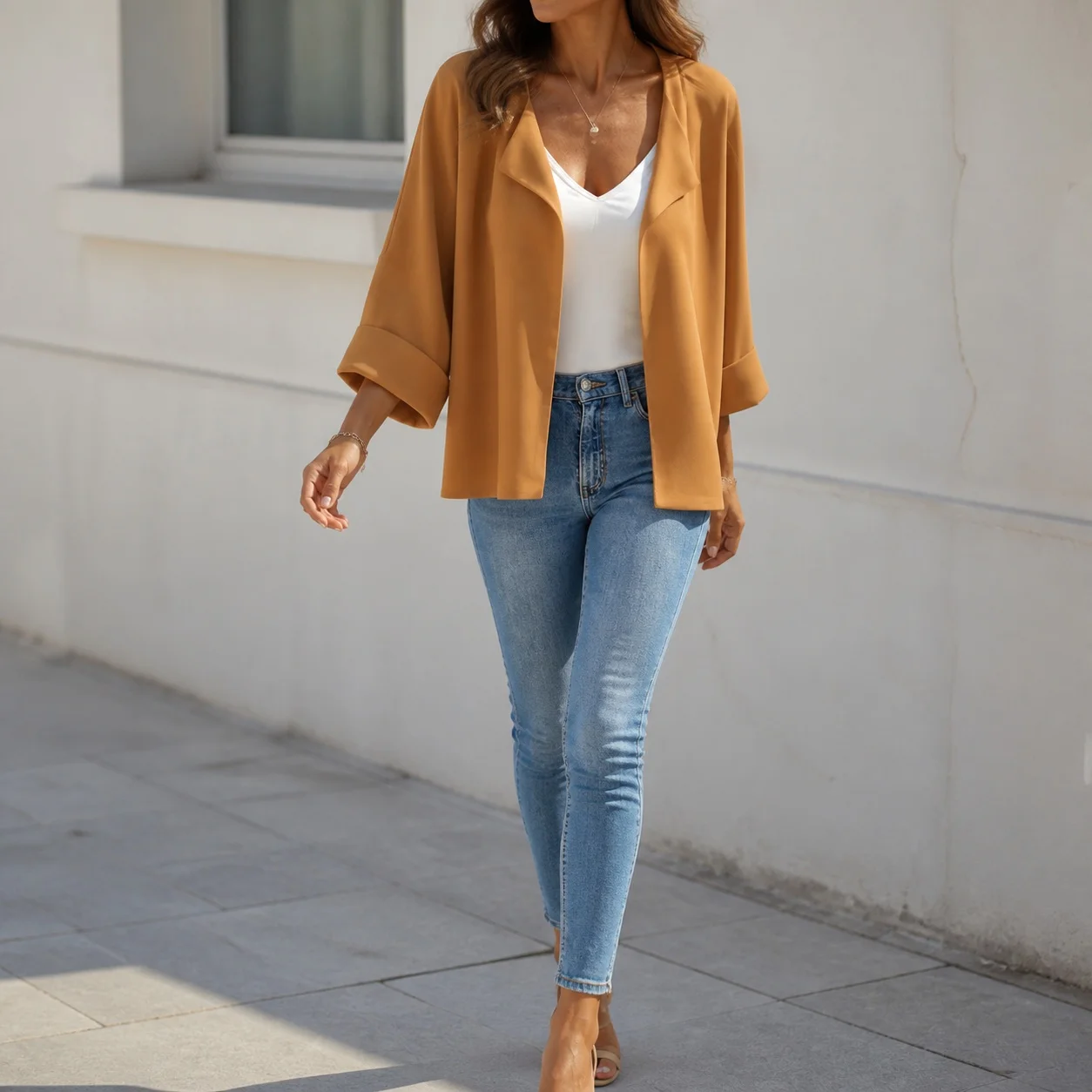 Casual Turn Down Collar Jacket Regular Fit with No Button Closure Fresh and Sweet Spring Three Quarter Sleeve Women Jacket