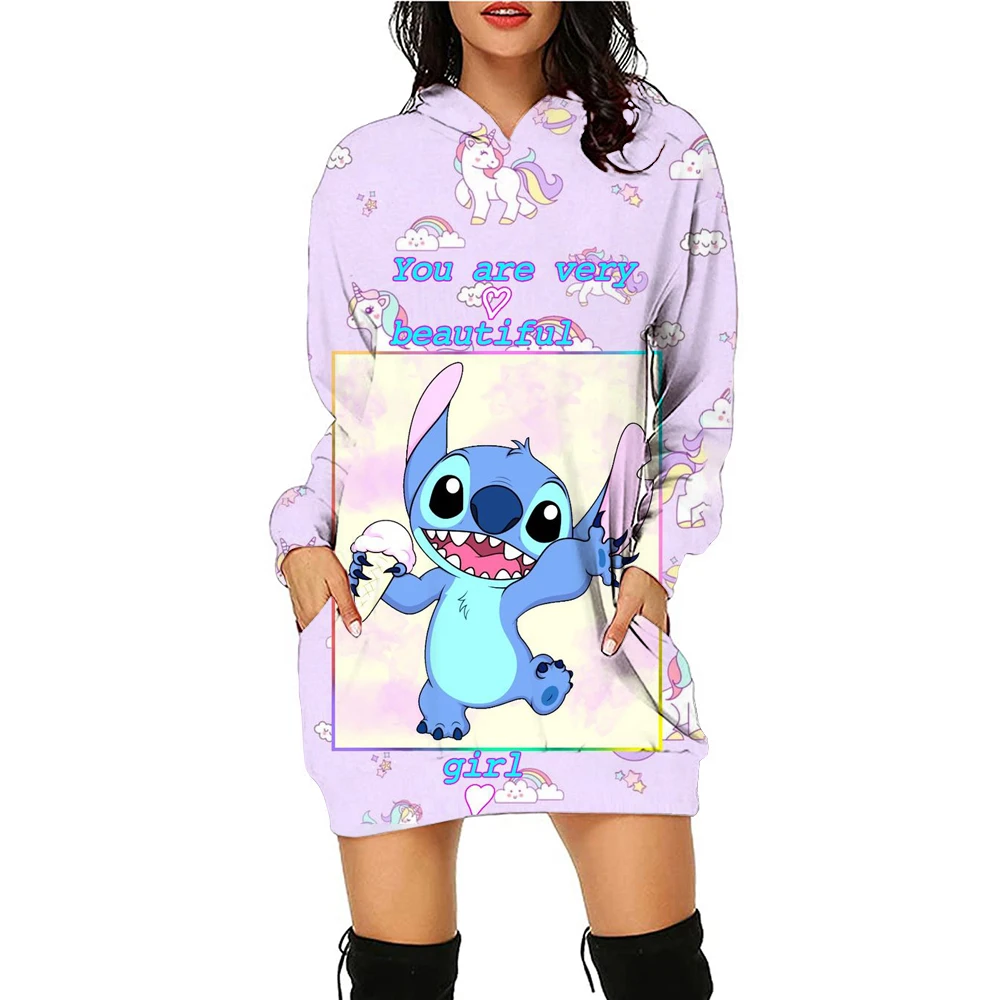 Stitch Fashion Kawaii Hoodie Dresses Stitch Women Disney Sweater Dress Luxury Party Disney Mini Y2k Long Sleeves Women Dress