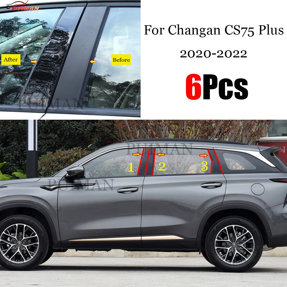 

New Hot 6PCS Gloss Black Polished Pillar Posts For Changan CS75 Plus 2020 2021 2022 Window Trim Cover BC Column Sticker