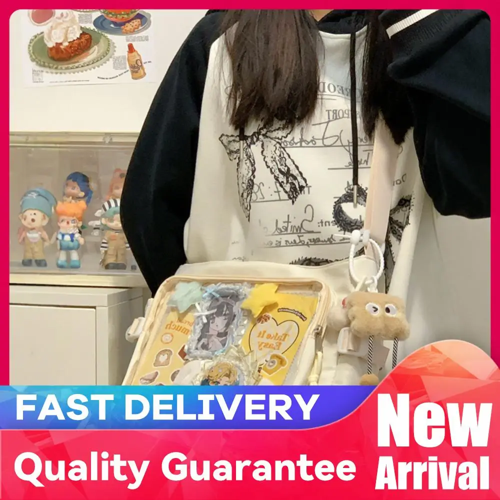 Ita-Tasche für Damen im japanischen Stil, Schultertasche mit durchsichtigem Fenster, Cartoon-Büchertasche, mehrere Taschen, verstellbarer Riemen, trendige Outdoor-Tasche