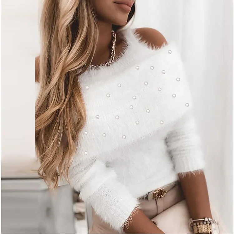 Women's Sweater Spring and Autumn New Fashion Casual Solid Color Bubble Bead Cold Shoulder Slash Neck Long Sleeve Sweater Top