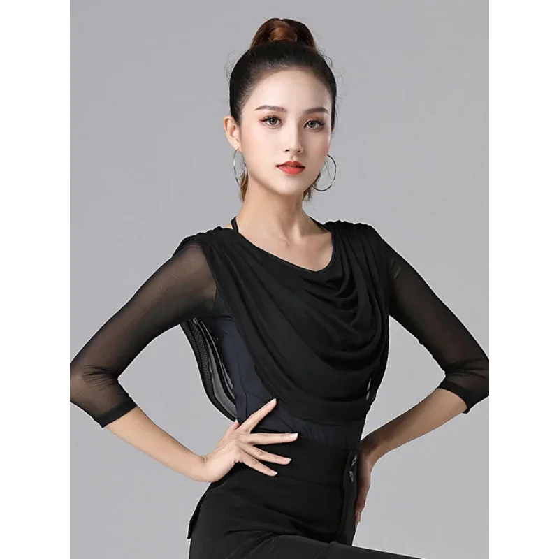 เสื้อขอบจีบเข้ารูปแบบสลิมฟิตสง่างามเสื้อเต้นลาตินของผู้หญิงเครื่องแต่งกายทันสมัยสำหรับผู้ใหญ่แบบวอลทซ์เสื้อผ้าแซมบ้าสีทึบ