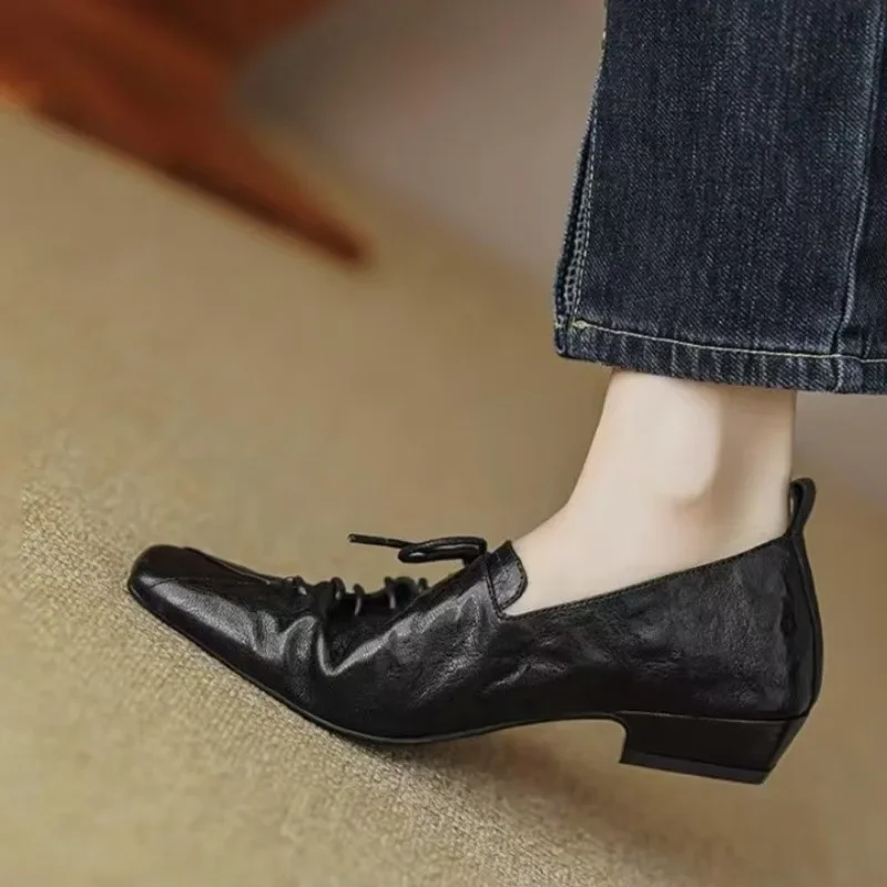 الرجعية أحذية مسطحة بكعب منخفض بني أسود تنوعا لينة سوليد الدانتيل يصل أحذية من الجلد الصغيرة الربيع/الصيف جديد 2025 أحذية نسائية #5