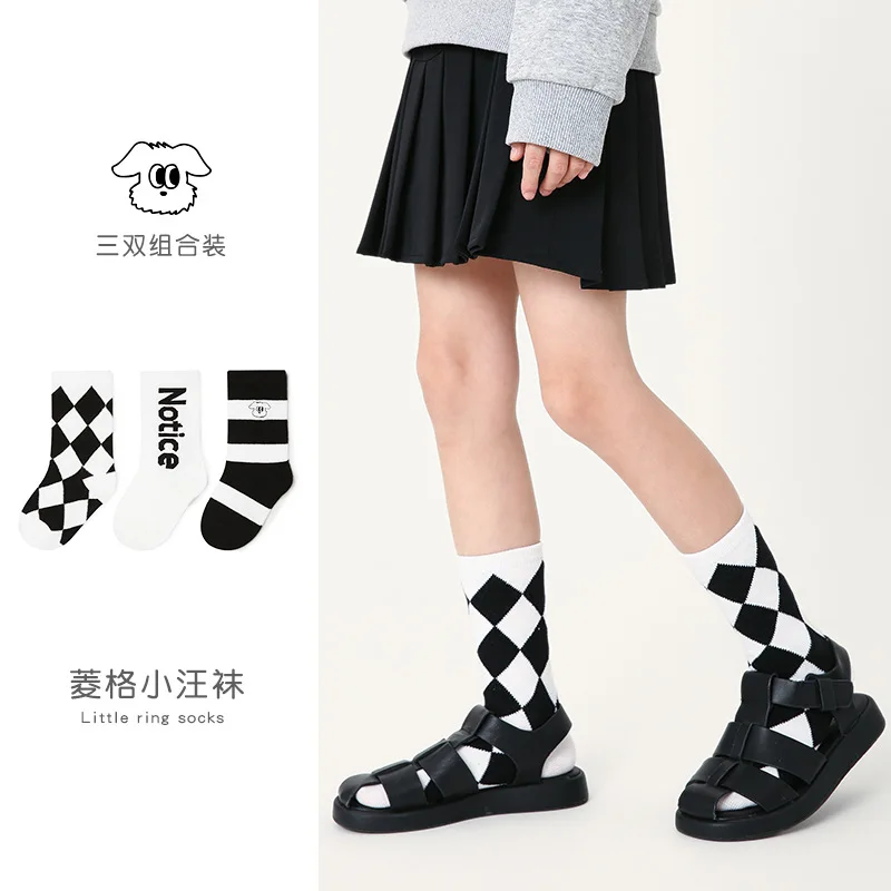 

1-12Y Boys Girls Socks Kids All Seasons Cotton Socks Black White Palid Pattern Crew Socks Baby Infant Socks