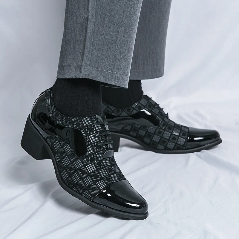 Men's high-ankle 6CM pointed-toe leather shoes large size business casual wear with an English style check pattern  M089