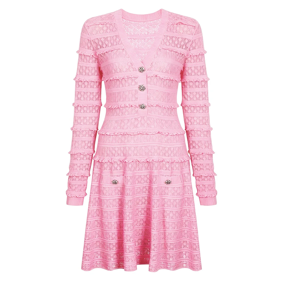 ZJYT Elegant Autumn Long Sleeve Knit Sweater Dresses for Women 2026 New Hollow Out Black Casual Short Dress Female Vestidos Pink - view 2