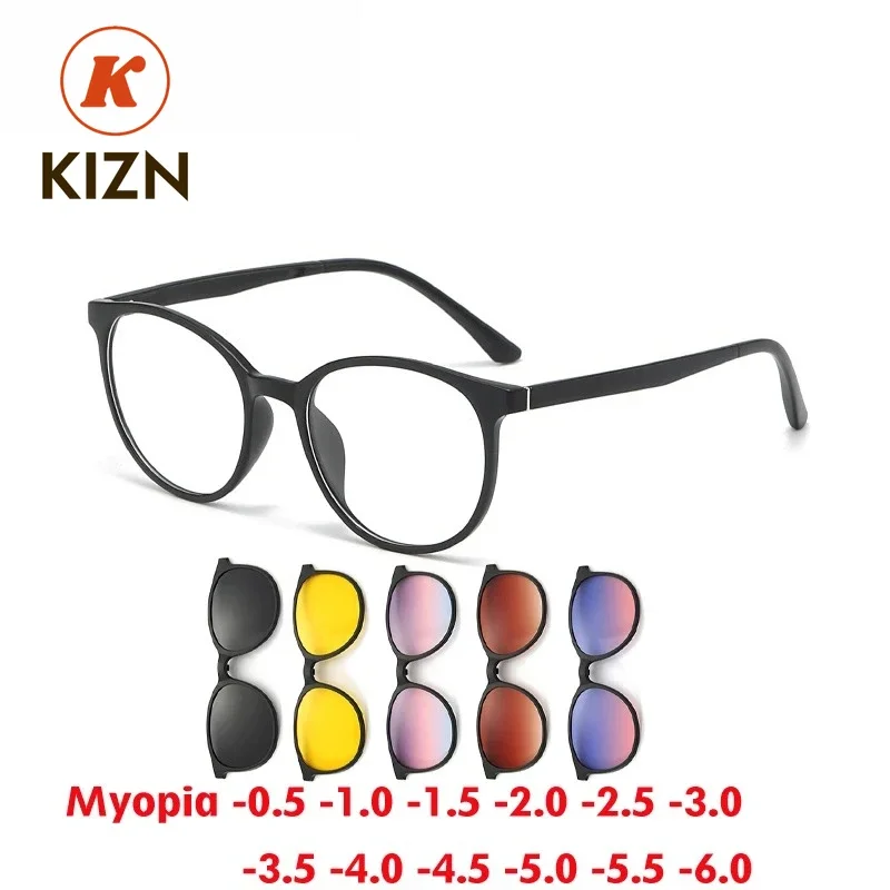 

KIZN 6 в 1 круглые солнцезащитные очки для близорукости, оправа с магнитным зажимом, женские очки, трендовые поляризационные очки, настраиваемые очки от -0,5 до -6,0