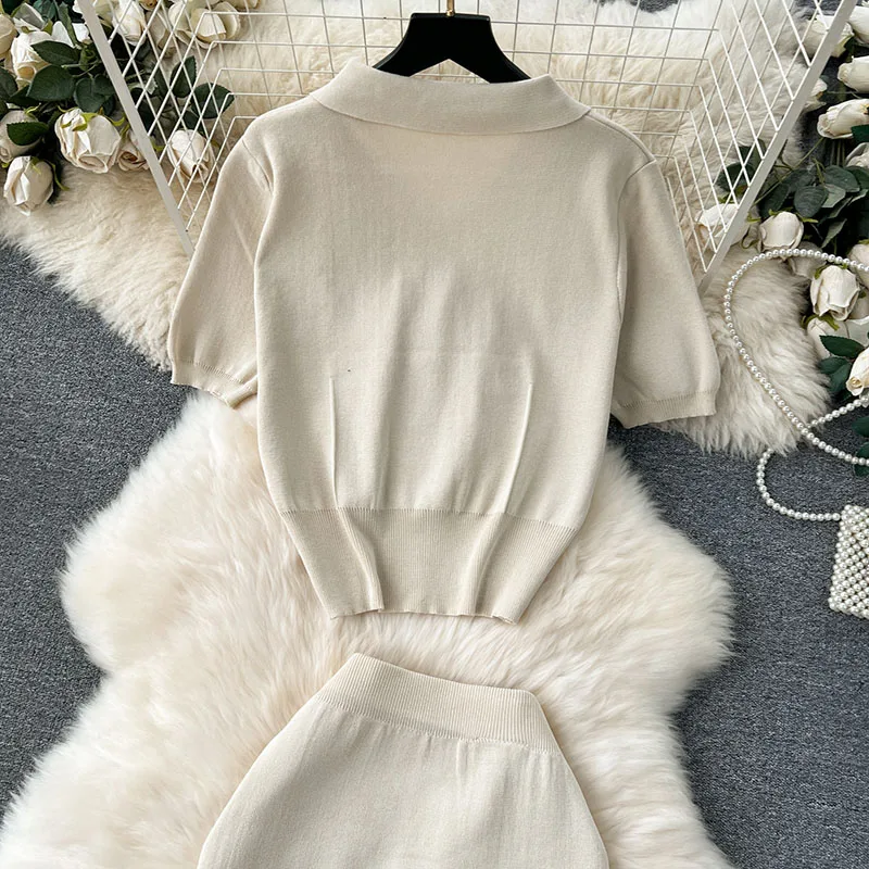 Two Piece Skirt Set Women Knitted Sets Fashion ButtonShort Sleeve T SHIRT+Knitted Camis Dress Sets Fashion Summer Suits